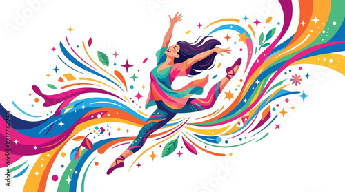A stylized vector illustration shows a dancing female character leaping with joy, surrounded by ornate, colorful swirls and shapes, celebrating the rhythm of a world dance event