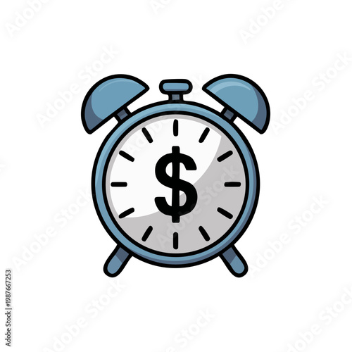 Cartoon style blue alarm clock with dollar sign on face