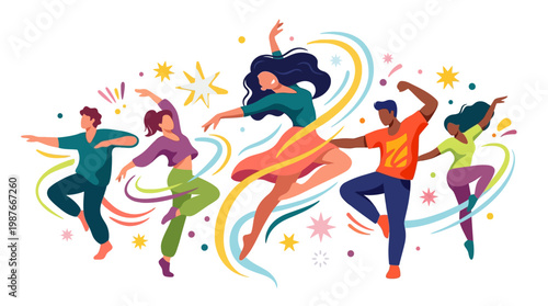 Colorful vector illustration celebrating International Dance Day features diverse characters dancing with artistic rhythm and ornate design against a clean white background