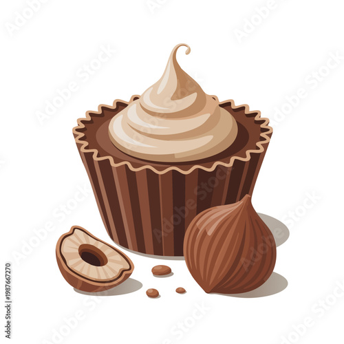 chocolate cupcake with cream frosting and hazelnuts illustration