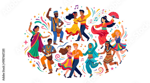 Colorful vector illustration depicting diverse people celebrating International Dance Day with artistic flair, performing in ornate costumes against a clean white background