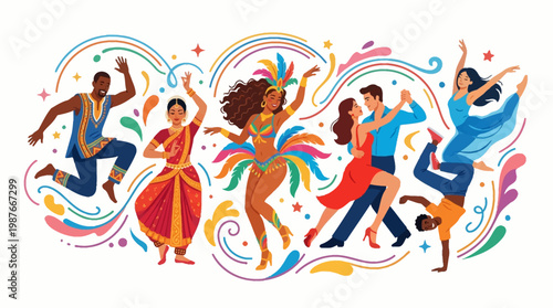 Vibrant vector illustration celebrating International Dance Day, featuring diverse characters engaged in various dancing styles with artistic flair and ornate details against a clean white