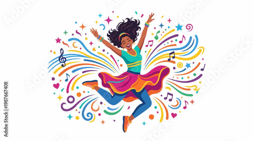 Vibrant vector art celebrating International Dance Day shows a joyful female character dancing energetically amidst swirling musical notes and colorful, ornate designs against a clean white
