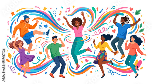 Vibrant vector art for a global dance festival featuring diverse characters celebrating with energetic movements against an ornate background of swirls and musical notes