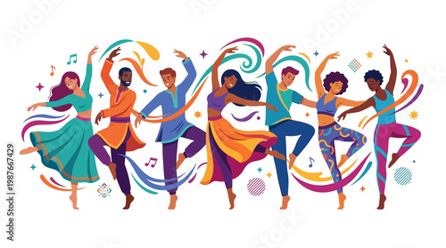 Colorful vector illustration celebrating International Dance Day featuring a diverse group of dancing characters in various poses, expressing rhythm and artistic movement against a white