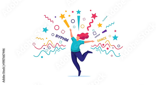 Vector illustration celebrating International Dance Day, featuring a stylized character joyfully leaping amidst ornate, colorful shapes and stars against a clean white background