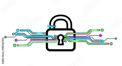 Cyber Security Padlock with Digital Circuit Board Lines Illustration