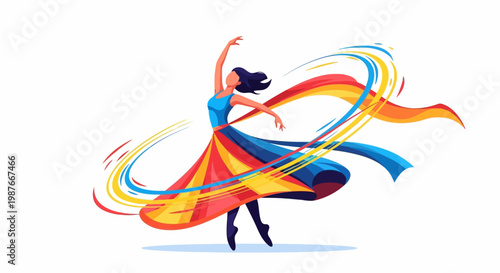 Stylized vector illustration of a dancing character celebrating International Dance Day, shown in an artistic pose with flowing rainbow-colored ribbons that create a dynamic rhythm