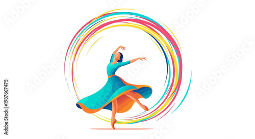 Vector illustration celebrating International Dance Day, showcasing a stylized character of a dancer in motion with an ornate, colorful swirl in the background, conveying artistic