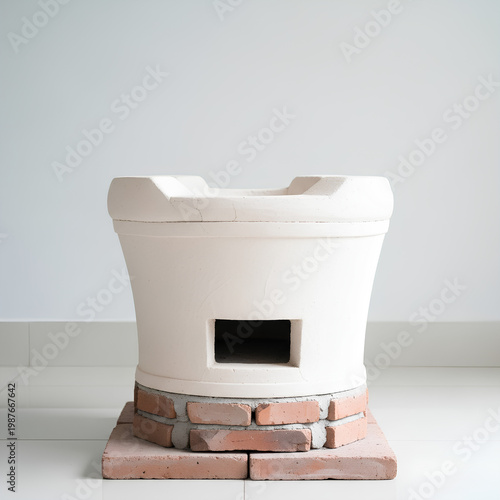 White ceramic stove with brick base on a neutral background.