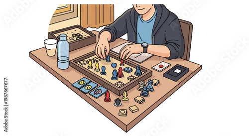 Man Playing Tabletop Board Game Vector Illustration