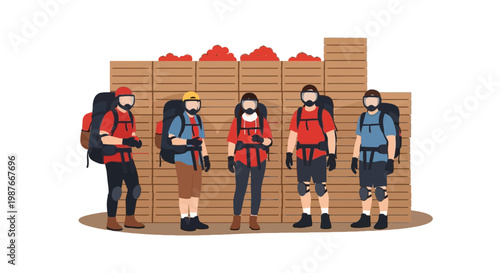 Group of survivalists with backpacks and supplies illustration
