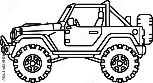 simple line art vector icon of a rugged jeep off road vehicle with large tires, side view