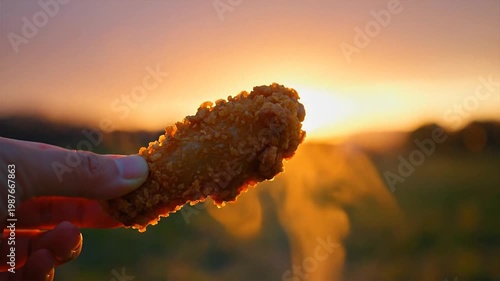 Hand holding a fried chicken leg against a beautiful sunset background