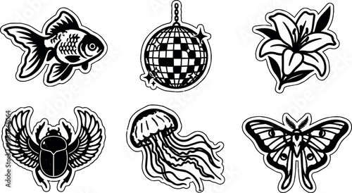 Black and white line art fish scarab jellyfish disco ball lily flower butterfly