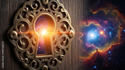 Ornate keyhole on a door opening to a view of outer space.