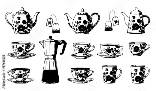 Teapot coffee cup floral vector set tea beverage decorative illustration