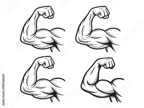 Hand drawn muscular arm collection with strength and power symbol