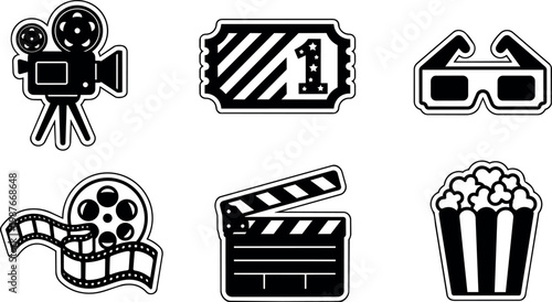 Black and white movie camera film reel ticket and popcorn icons set