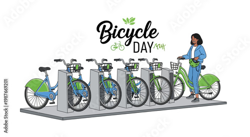 Bicycle Day illustration featuring a woman preparing for an outdoor cycling activity, standing near a row of bikes in shades of green and blue, with a bike sharing concept against a clean
