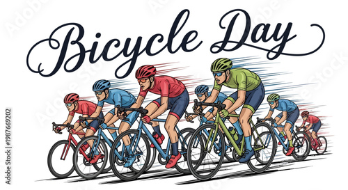 An illustrative vector graphic commemorates Bicycle Day with cyclists riding road bikes in a dynamic composition against a light background, symbolizing eco-friendly transportation