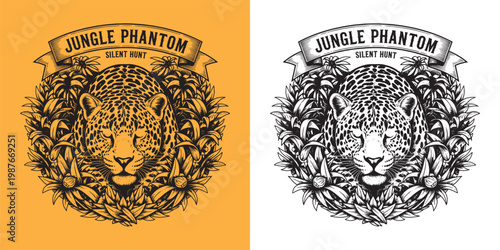 Jungle Phantom Silent Hunt Leopard Head in Tropical Leaves Illustration