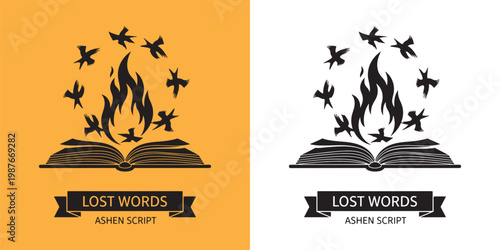 Lost Words Ashen Script Magic Book and Burning Flying Birds Illustration