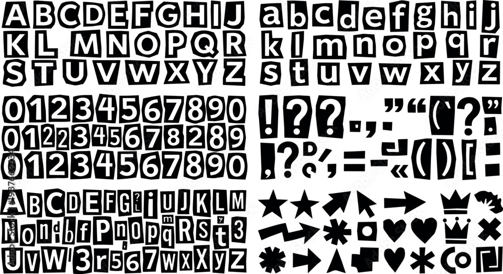 Fototapeta premium Black and white ransom note style letters numbers and symbols vector art