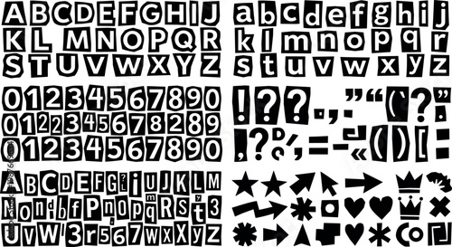 Black and white ransom note style letters numbers and symbols vector art