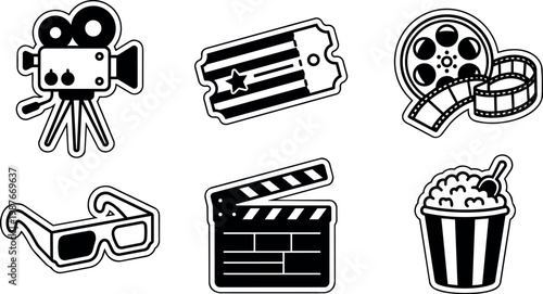 Black and white film camera 3d glasses movie ticket film reel popcorn bucket icons