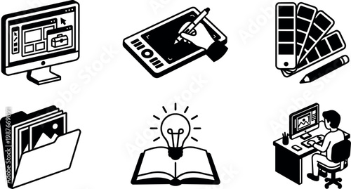 Black and white vector icons of digital design tools and creative workspace
