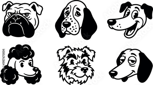 Black and white cartoon dog faces with distinct expressions and breeds vector art