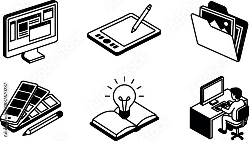 Black and white vector icons of computer desk design tablet and creative workspace