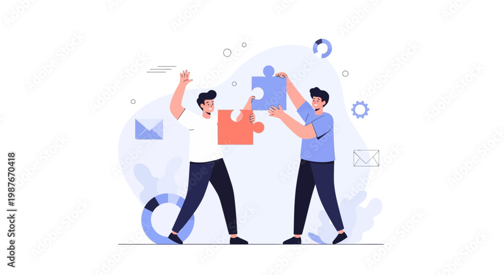 Obraz premium Teamwork concept: two men assembling puzzle pieces, collaboration, strategy, success