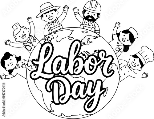 Labor Day Global Workers Around Earth Cute Cartoon Illustration with Different Professions International Workforce Concept