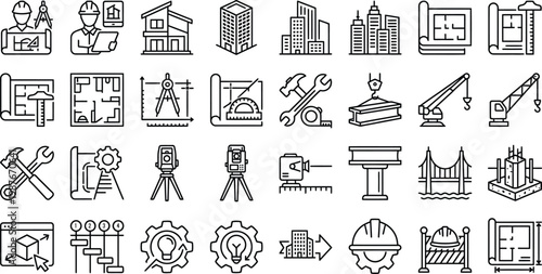 Set of outline icons related to building, architecture, house, design. Linear icon collection. Editable stroke. Vector illustration