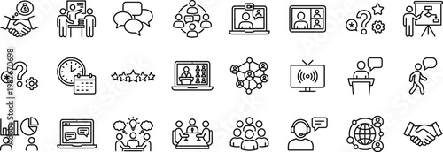 Collection of business and networking icons, flat line design, vector illustration
