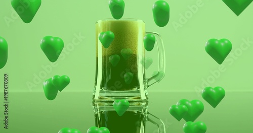 Showing glass beer mug with handle holding frothy green drink on shiny plane, casting green hearts
