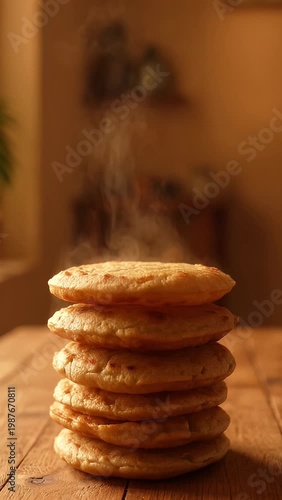 Fresh Hot Puran Poli Stack with Rising Steam on Wooden Table