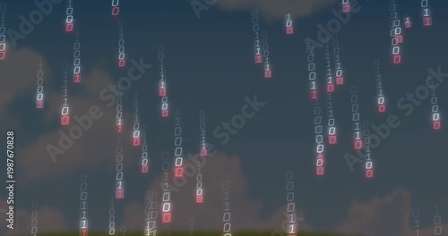 Streaming binary columns falling across dusky sky with clouds, dusk settling, showing red digits