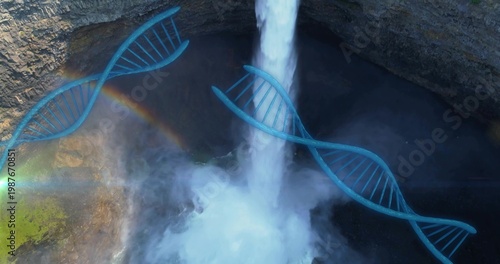 Overlaying three cyan double-helix DNA curving across cliff waterfall and misty pool, rainbow flare