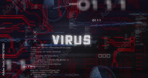 Displaying central VIRUS text glitching in cyber interface, showing red circuits, binary code, HUD