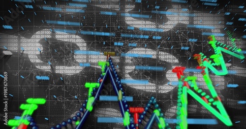 Displaying 3D financial charts sweeping dark virtual grid, with floating numeric strings and nodes