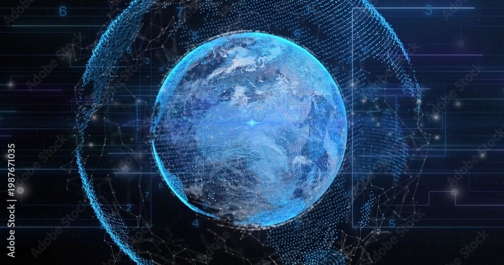 Naklejka premium Displaying holographic Earth globe rotating in cyber HUD with nodes, numeric markers, particles