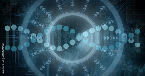 Displaying stylized DNA helix running across digital UI, featuring concentric rings and arrows