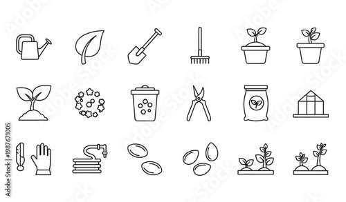 Gardening line icons vector plant care tools sprout seedling outline collection for home garden