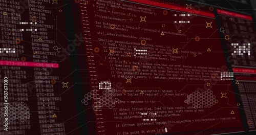 Displaying central red code window scrolling code text on monitor screen, with hex HUD overlays