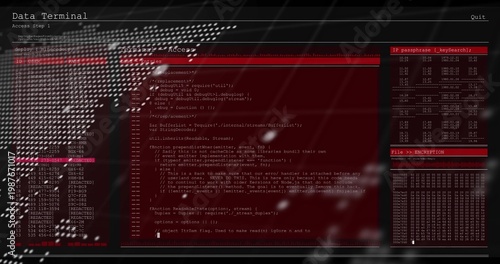 Displaying red console showing monospaced code on monitor, with left ID column and right panels