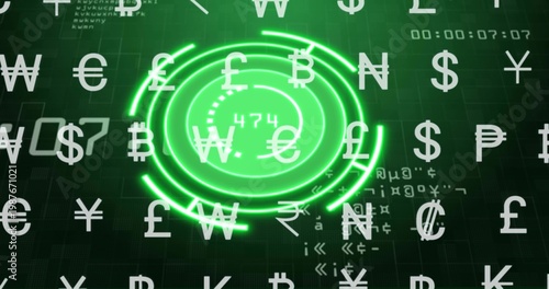 Scanning neon green ringed HUD displaying 474 on dark grid, showing currency symbols, timer, code