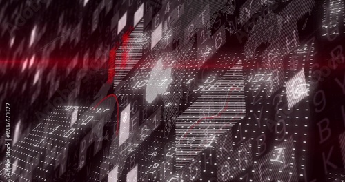 Displaying tilted 3D-data panel in digital dashboard showing dot grid, check tiles, red line, chars